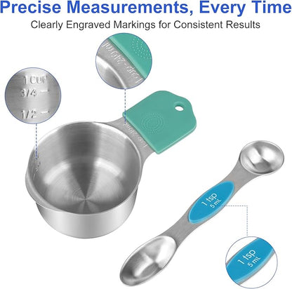 Magnetic Measuring Cups & Spoons Set, Strong N45 Magnets, Heavy Duty Stainless Steel Fits in Spice Jars for Baking & Cooking, BPA Free, Round Set of 15 with Leveler, Light Colorful - Image 3