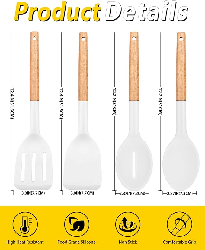 Pack of 4 Silicone Cooking Utensils Set, Non Stick Solid Spatulas and Heat Resistant Slotted Spoons with Wooden Handle, Ideal Wood Kitchen Utensils Set for Frying,Serving,Turning,Stirring (WHITE) - Image 3