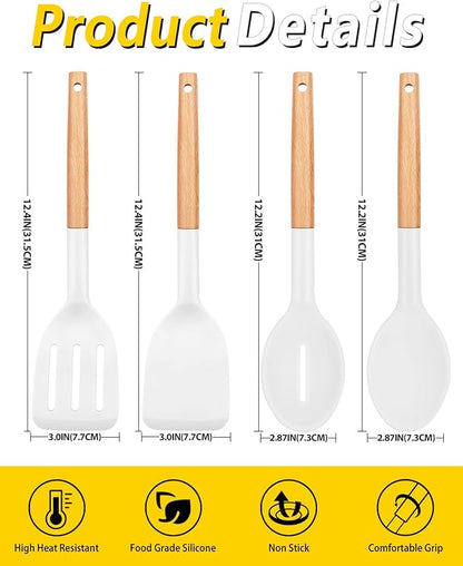 Pack of 4 Silicone Cooking Utensils Set, Non Stick Solid Spatulas and Heat Resistant Slotted Spoons with Wooden Handle, Ideal Wood Kitchen Utensils Set for Frying,Serving,Turning,Stirring (WHITE) - Image 3
