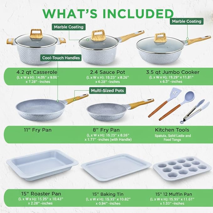 NutriChef 22‑Piece Non‑Stick Ceramic Pots and Pans Set – For All Cooktops Including Induction – PTFE & PFAS Free, Includes Bakeware & Utensils - Image 3