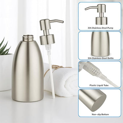 304 Stainless Steel Soap Dispenser 16oz Rust-Proof Liquid Soap Pump Bottle for Kitchen or Bathroom Countertop Hand Dish Lotion Leak-proof (Brushed Nickel)