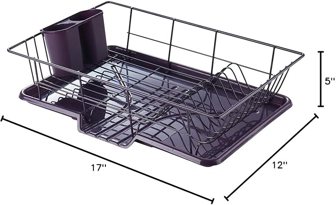 Space-Saving 3-Piece Dish Drainer Rack Set: Efficient Kitchen Organizer for Quick Drying and Storage - Includes Cutlery Holder and Drainboard - Maximize Countertop Space, Eggplant Purple - Image 7