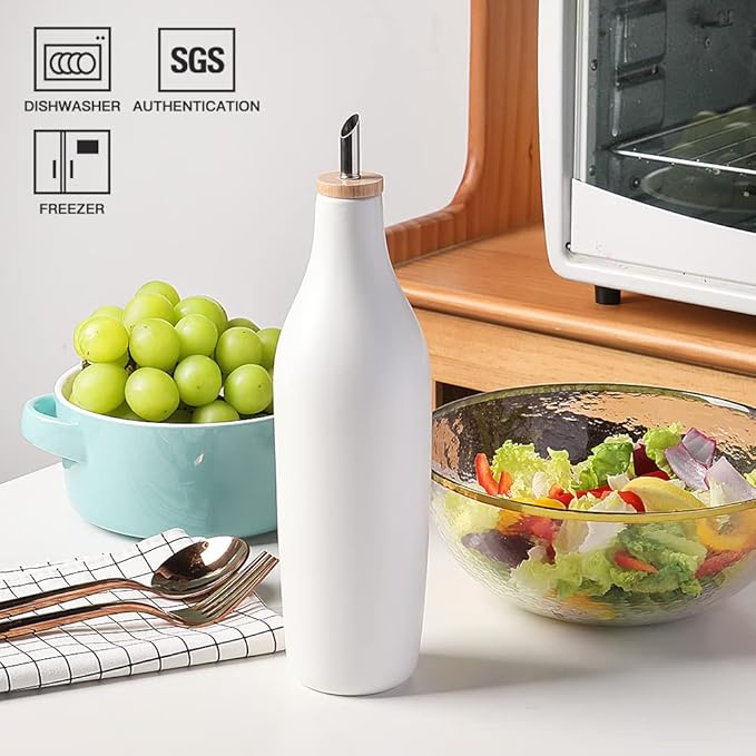 Sweejar Matte Ceramic Olive Oil Dispenser Bottles with Bamboo Tray, 17 Oz Oil Dispenser Set for Kitchen Counter, Opaque Oil Cruet for Cooking, EVOO, Vinegar, Avocado Oil, Pack of 2 (White & Tray) - Image 5