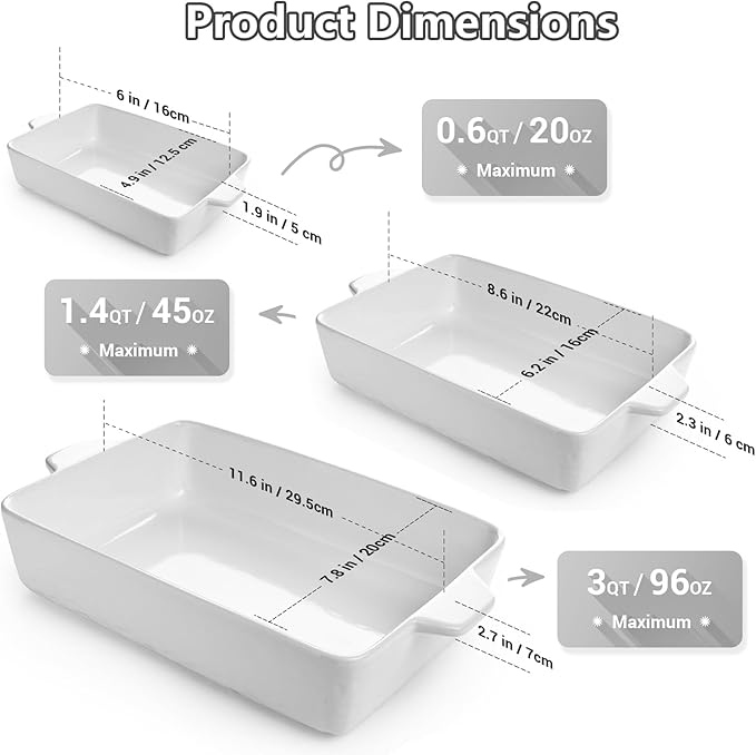 Casserole Dishes for Oven, Ceramic Baking Dishes, Lasagna Pan with Handles, Porcelain Baking Pan Deep, Bakeware for Baking, Cooking, Wedding Gift, Set of 3 (11.6" x 7.8", White) - Image 3