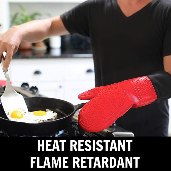 Homwe Silicone Oven Mitts and Potholders (4-Piece Sets) Heavy Duty Cooking Gloves, Kitchen Counter Safe Trivet Mats | Advanced Heat Resistant, Non-Slip Textured Grip Pot Holders(Red) - Image 3