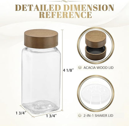 ZEHIQ 30Pcs 4oz Square Glass Spice Jars with Moisture-Proof Acacia Wood Lids, Food-Grade Seasoning Containers with Shaker Lids, 348 Labels, Markers, Funnel & Brush for Pantry Cabinet Drawer Storage