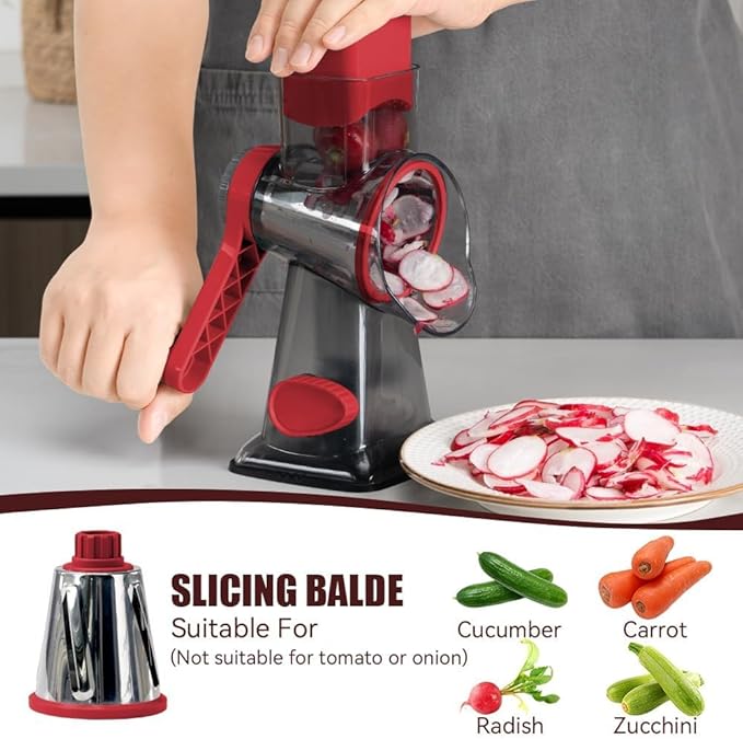KEOUKE Rotary Cheese Grater Hand Crank Transparent - Shredder Slicer Grinder 3 Stainless Steel Blades, Stable Suction, Labor-Saving Handle, Safe Kitchen Tool for Cheese, Vegetable, Nuts, Chocolate - Image 4
