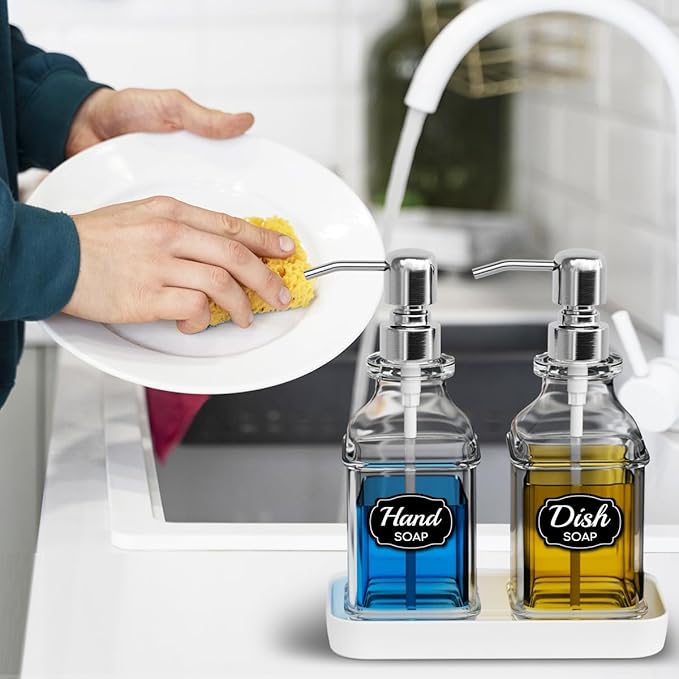 LMQML Soap Dispenser - 2 Pack, Antique Design Thick Glass Hand Soap Dispensers with Sturdy Tray; 304 Rust Proof Stainless Steel Silver Pump, 12Pcs Stickers, for Kitchen, Bathroom - Image 6