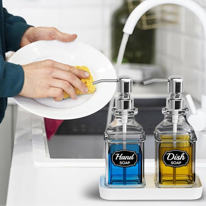 LMQML Soap Dispenser - 2 Pack, Antique Design Thick Glass Hand Soap Dispensers with Sturdy Tray; 304 Rust Proof Stainless Steel Silver Pump, 12Pcs Stickers, for Kitchen, Bathroom - Image 6