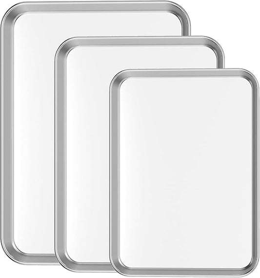 Cookie Sheet Baking Sheet Set of 3, Bastwe Commercial Grade Stainless Steel Baking Pan, Professional Bakeware Oven Tray, Healthy & Non-toxic, Rust Free & Mirror Finish, Easy Clean & Dishwasher Safe