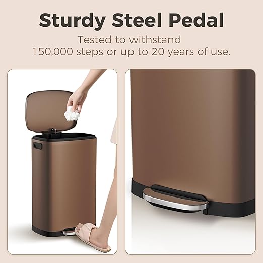 ELPHECO LPHECO Kitchen Trash Can with Lid Soft Close, 13 Gallon / 50L Stainless Steel Pedal Garbage Can, Heavy-Duty Step Wastebasket with 20 Bags, Removable Bucket, Home Office, Kitchen, Brown - Image 5