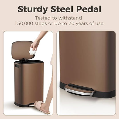 ELPHECO LPHECO Kitchen Trash Can with Lid Soft Close, 13 Gallon / 50L Stainless Steel Pedal Garbage Can, Heavy-Duty Step Wastebasket with 20 Bags, Removable Bucket, Home Office, Kitchen, Brown - Image 5