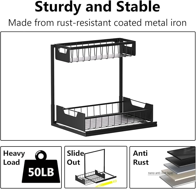Ceetug Under Kitchen Sink Organizers and Storage Pull Out 2 Tier Metal Bathroom Cabinet Organizer (Black, 1 Pack) - Image 6