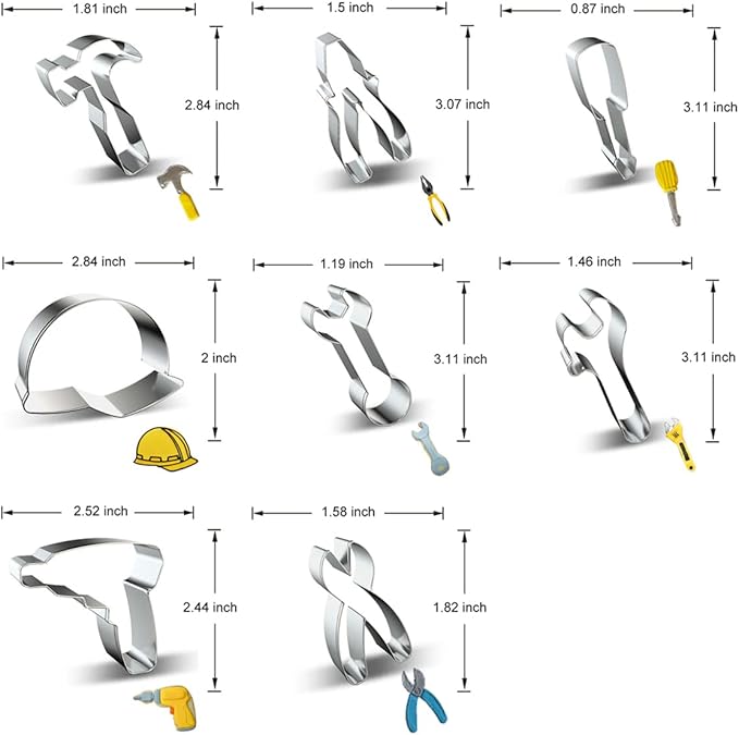 Construction Tool Cookie Cutter Set of 9 - Hammer Pliers Screwdriver Safety Helmet Hard Hat Wrench Spanner Drill Scissor Hardware Tools Cookie Cutters Shapes Molds for Kids Labor Day Party Supplies