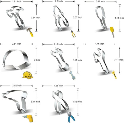 Construction Tool Cookie Cutter Set of 9 - Hammer Pliers Screwdriver Safety Helmet Hard Hat Wrench Spanner Drill Scissor Hardware Tools Cookie Cutters Shapes Molds for Kids Labor Day Party Supplies