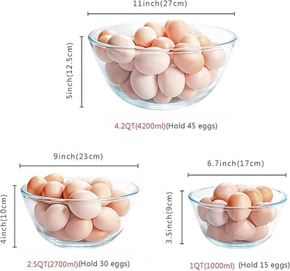 Homwin Glass Mixing Bowl Set of 3 for Kitchen, Baking, Prepping, Serving, Cooking 1.1QT, 2.5QT, 4.2QT Large Salad Bowl Set, High Brosilicate Bowl Set, Stackable, Non-toxic, Microwavable, Great Gift
