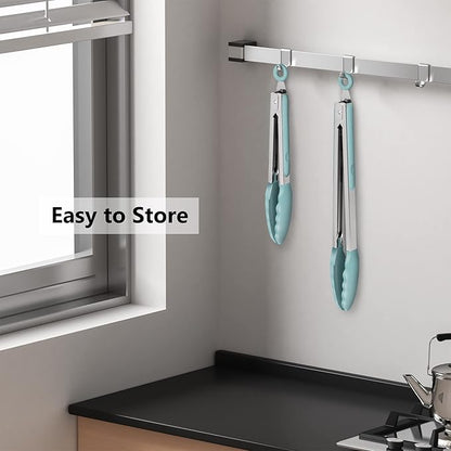 2 Pack Silicone Kitchen Tongs – 9" & 12" Set, Heat Resistant up to 500°F, Non‑Stick Cookware Safe, Wavy Silicone Tips, BPA Free, Locking Clip & Hanging Loop, Aqua Sky - Image 5