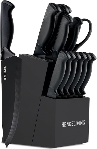 Knife Set, 14-Piece Kitchen Knives Set with Block, Built-in Sharpener, German High Carbon Stainless Steel, Ergonomic Non-Slip Handles, Black by Unknown