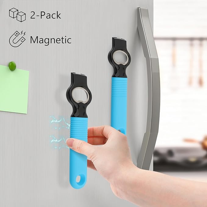 2-Pack Magnetic Beer Bottle Opener & Soda Can Opener, 2-in-1 Bottle Opener and Can Tab Opener Tool for Bartender, Long Nails, Arthritis, Silicone Handle with Build in Magnet - Gemstone Blue - Image 2