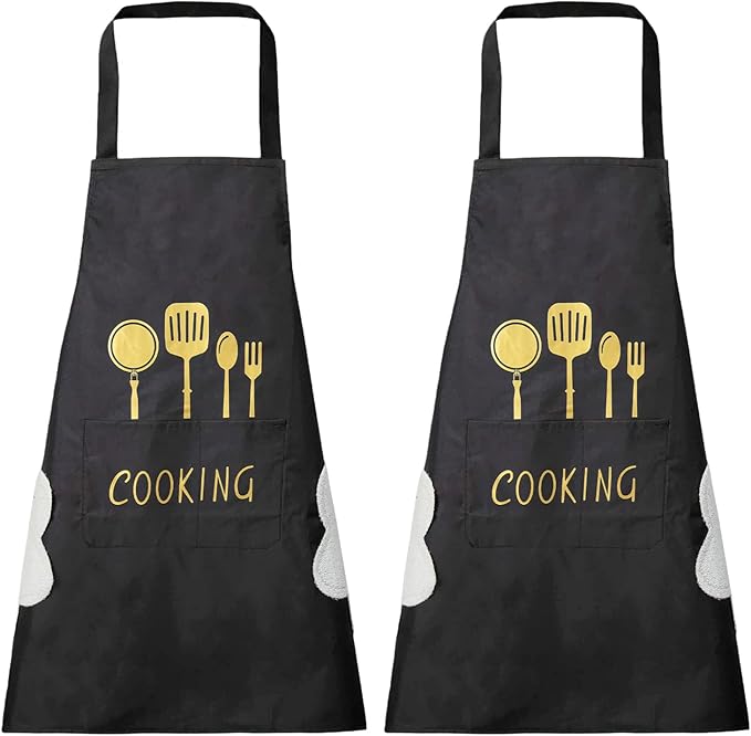 DILLMAN Women Kitchen Apron with Hand Wipe Pockets，Big Pocket,Hand-wiping, Waterproof for Cooking Baking