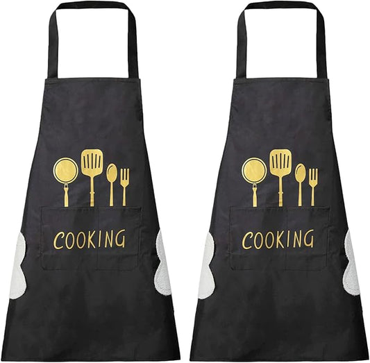 DILLMAN Women Kitchen Apron with Hand Wipe Pockets，Big Pocket,Hand-wiping, Waterproof for Cooking Baking