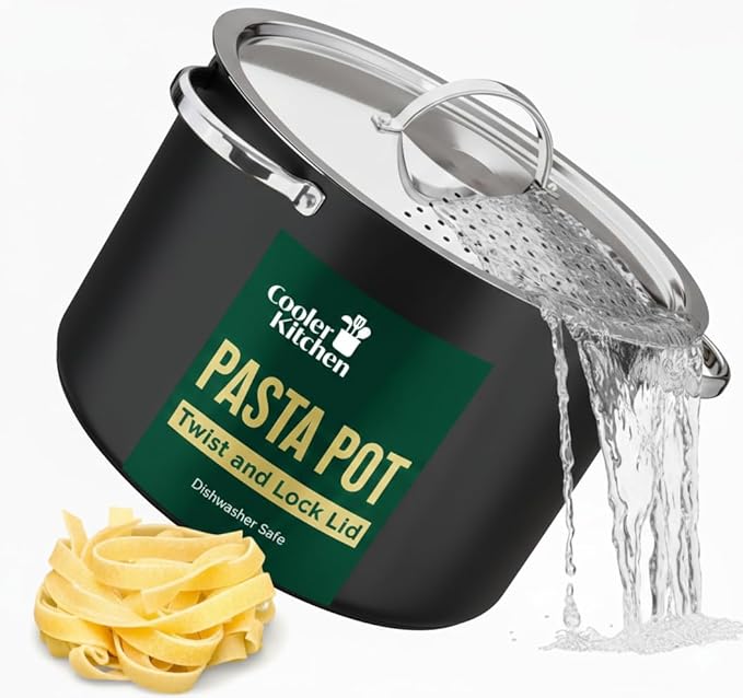 Cooler Concepts Pasta Pot with Strainer Lid - 5.5 Quart Large Spaghetti Pot - Twist & Lock for Easy Drain & No Colander Or Strainer Basket Insert Needed - Dishwasher Safe Pots by CoolerKitchen