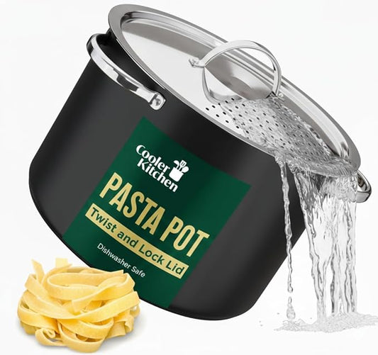 Cooler Concepts Pasta Pot with Strainer Lid - 5.5 Quart Large Spaghetti Pot - Twist & Lock for Easy Drain & No Colander Or Strainer Basket Insert Needed - Dishwasher Safe Pots by CoolerKitchen