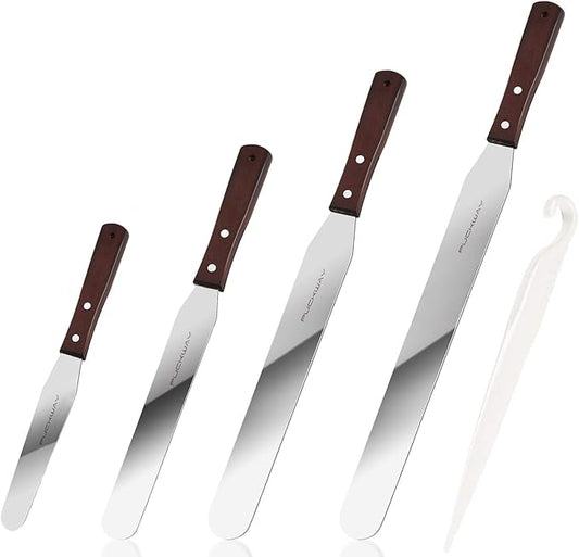 4PCS Cake Decorating Icing Spatula set with 4, 6, 8 & 10 Inch Stainless Steel Blade, Wood Handle Frosting Spatulas and Cake Stripping Tool (Straight Spatulas 4, 6, 8 & 10 Inch)
