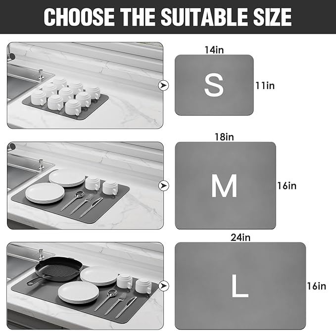 Dish Drying Mat for Kitchen Counter Super Absorbent Drainer Mats with Non-slip Rubber Backed Hide Stain Heat Resistant Easy to Clean Dish Rack Mat (Gray, L-24"x16") - Image 6