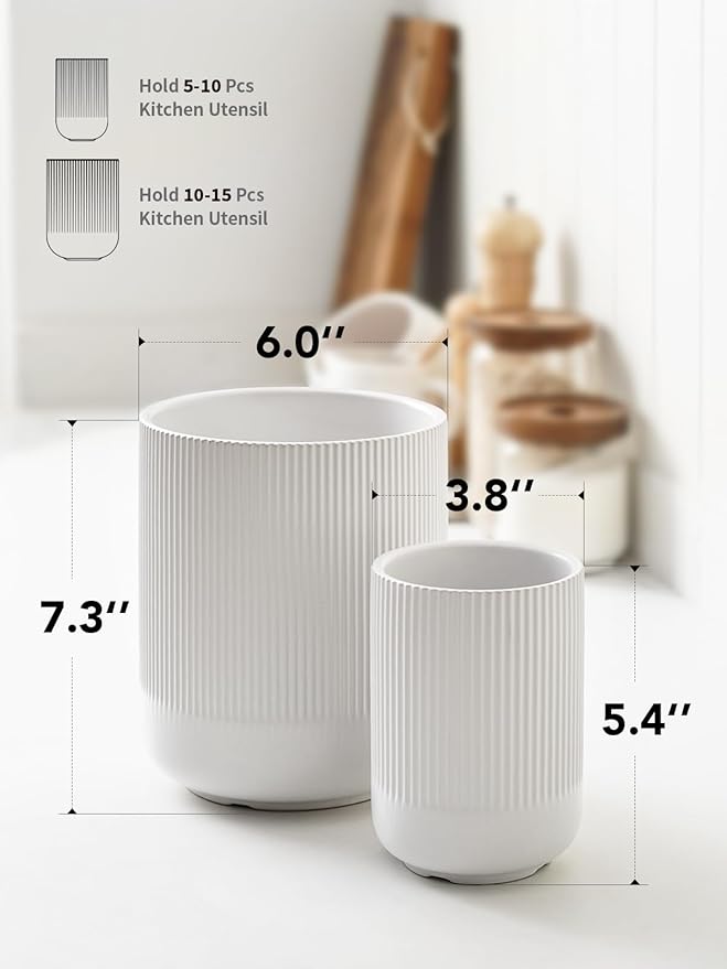 LE TAUCI Utensil Holder for Kitchen Counter, 7.3"+5.4" Fluted Ceramic Utensil Crock Organizer for Countertop, Heavy Large Holder for Spatulas, Spoons, Set of 2, White, Kitchen Counter Decor - Image 6
