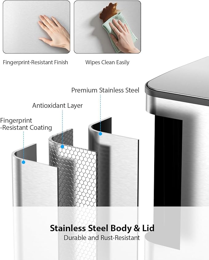 Lovewind Dual Trash and Recycling Bins for Kitchen, 2 * 11-Gallon Stainless Steel Double Trash Can, Step-On Garbage and Recycle Combo, Quiet Close, Pet-Proof, Compatible with 13-Gallon Bags, Silver - Image 4
