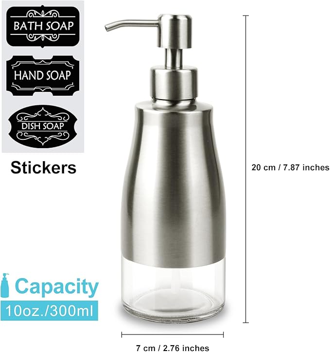 AUMIO 2 Pack Soap Dispenser Stainless Steel Case Glass Liner Hand Pump Dispenser, Refillable Liquid Hand Soap Dispenser for Bathroom & Kitchen - Brushed Nickel, Silver & Black - Image 2