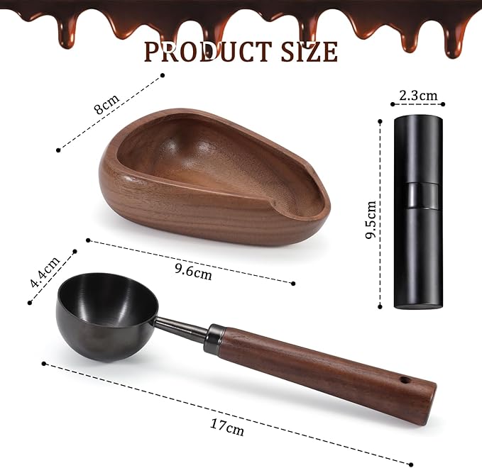 3pcs Coffee Bean Dosing Cup Set with Gift Box, Dosing Walnut Wood Cups Stainless Steel Spoon Portable Spray Bottle Static Reduction Precise Measuring for Espresso Tea Coffee Bar Accessories Kit - Image 3