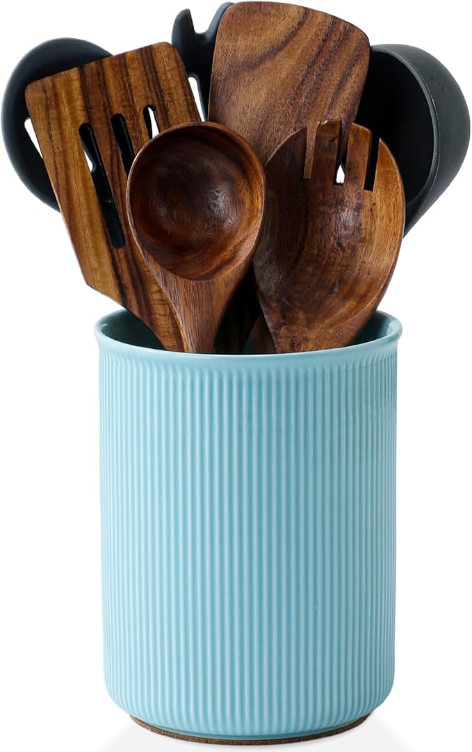 LoeJan Utensil Holder, Extra Large Utensil Crock, Stable Ceramic Utensil Organizer, Cooking Tool Organizer Set for Kitchen Counter Farmhouse Décor, Turquoise by LoeJan