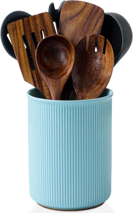 LoeJan Utensil Holder, Extra Large Utensil Crock, Stable Ceramic Utensil Organizer, Cooking Tool Organizer Set for Kitchen Counter Farmhouse Décor, Turquoise by LoeJan