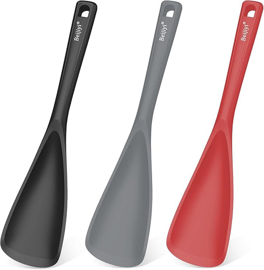 Beijiyi 3 Pack Silicone Cooking Spoons, 12.6 In Multifunction Spatula Spoon for Nonstick Cookware, BPA-Free Kitchen Utensils, Great for Cooking, Serving, Mixing, Multicolor (Black/Grey/Red)