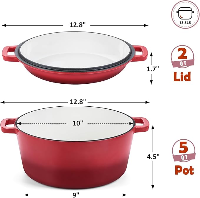 TeamFar 2-In-1 Enameled Cast Iron Dutch Oven, 5 Quart Dutch Oven Pot Cookware with Skillet Lid for Bread Baking Braising Stewing Roasting, Heavy-Duty & Nonstick, Oven Safe & Fit for Induction (Red) - Image 2