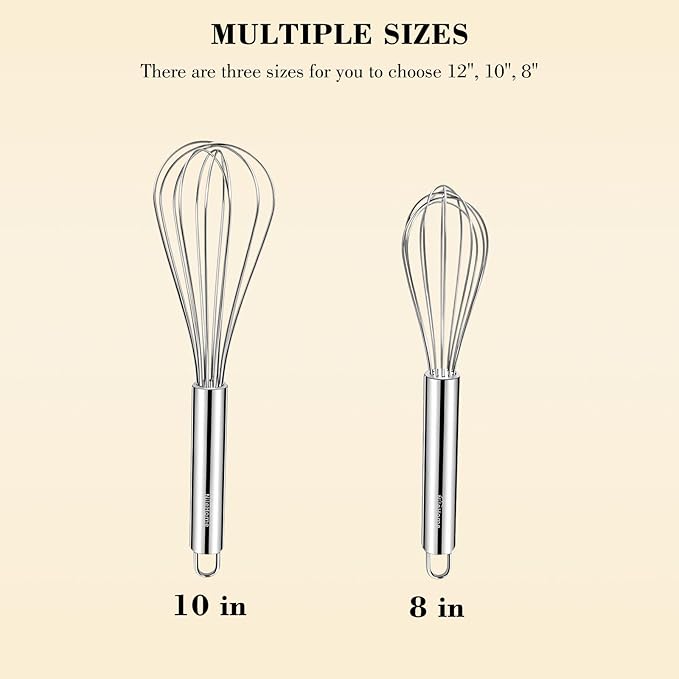 NileHome Whisk, Stainless Steel Wisk Set 8" 10" Kitchen Whisk Wisking Tool Kitchen Wisk Wire Whisks for Cooking, Whisking, Blending, Beating, Stirring-… - Image 2