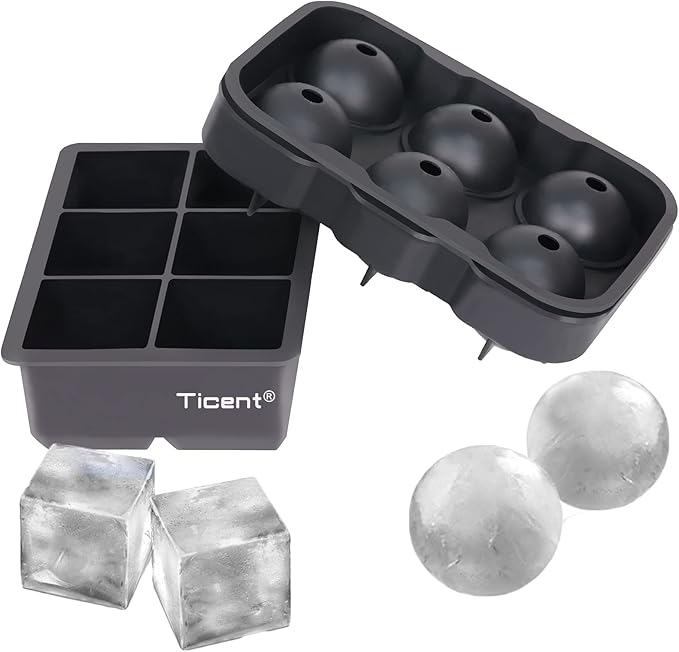 Ticent Ice Cube Trays (Set of 2), Silicone Sphere Whiskey Ice Ball Maker with Lids & Large Square Ice Cube Molds for Cocktails & Bourbon - Reusable & BPA Free by Ticent