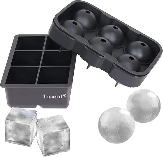 Ticent Ice Cube Trays (Set of 2), Silicone Sphere Whiskey Ice Ball Maker with Lids & Large Square Ice Cube Molds for Cocktails & Bourbon - Reusable & BPA Free by Ticent