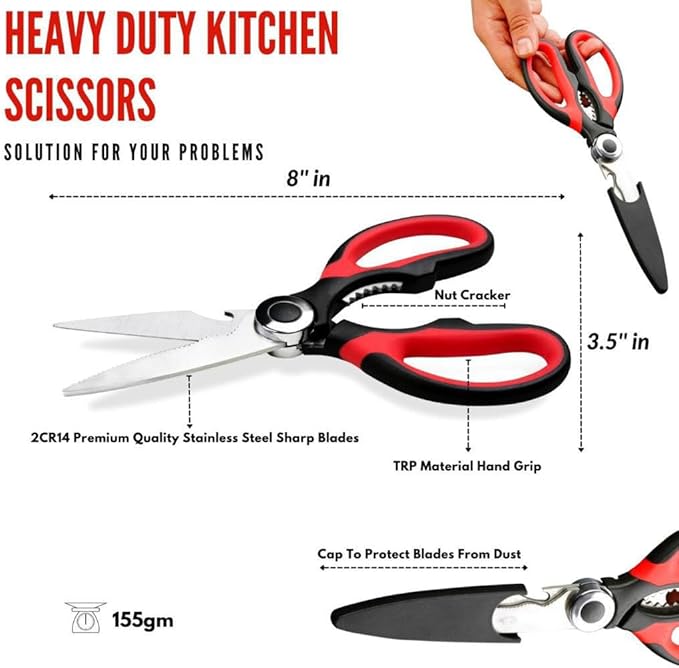 Kitchen Scissors Stainless Steel Sharp Blades with Cushioned Soft TPR Grip for Easy Handling – Heavy Duty Multipurpose Scissors for Meat, Chicken, Fish, Vegetables, & Herbs – Bottle Opener