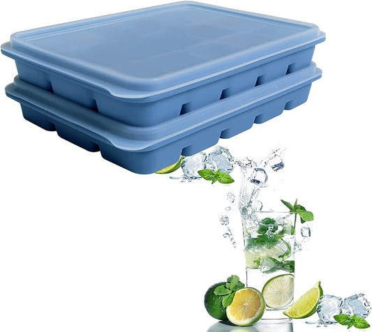 Ice Cube Trays Set of 2, Easy Release 15 Flexible Silicone Ice Cube Molds with Removable Lid Reusable Freezer Ice Trays Stackable for Whiskey, Baby Food, BPA Free (BLUE) by Tvmania