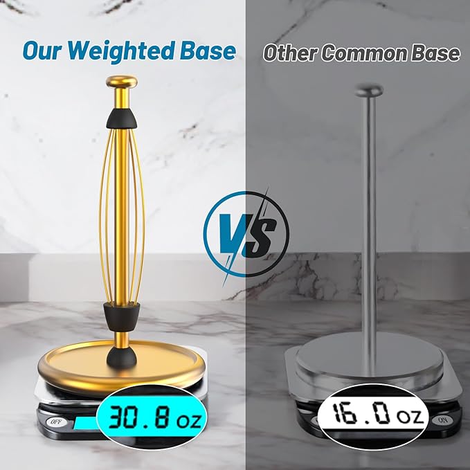 VEHHE Gold Paper Towel Holder Countertop with Weighted Base, One-Handed Tear Kitchen Towel Holder with Damping Function and EVA Non-Slip Pad for Bathroom - Image 3