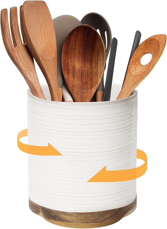 DOWAN 360° Rotating Extra Large Cooking Utensil Holder, 7.6" Kitchen Utensil Holder for Countertop, Utensil Crock for Farmhouse Kitchen Decor, Ceramic Stable Utensil Caddy, Soft White by DOWAN
