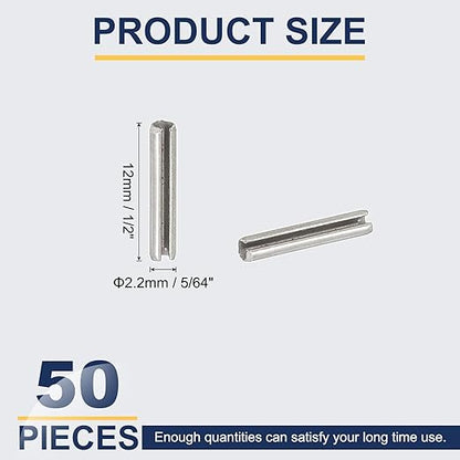 PATIKIL Slotted Spring Pin, 50 Pcs 5/64" x 1/2" (2.2mm x 12mm) 304 Stainless Steel Split Roll Pins Spring Dowel for Home Improvement Automotive Machine Repair, Silver