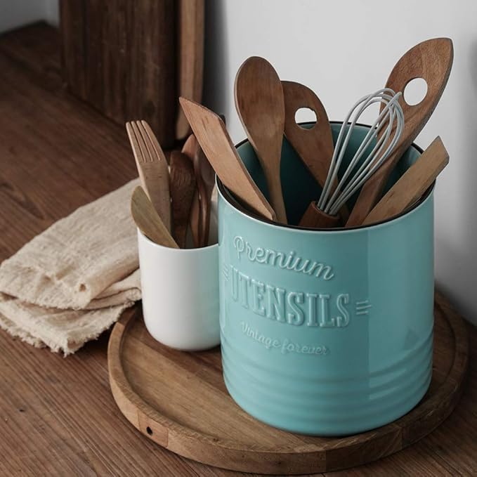 DOWAN 7.2″ Extra Large Kitchen Utensil Holder - Farmhouse Utensil Holder for Countertop - Ceramic Utensil Crock with Protection Cork Mat - Kitchen Decor & Housewarming Gift (Turquoise) - Image 6
