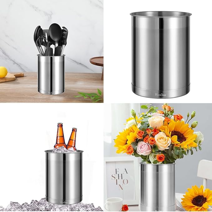 KSENDALO Stainless Steel Utensil Holder for Counter 5.0" Diameter, Brushed Metal Utensil Crock Canister for Cooking Utensils on Countertop, with Heavy Base, Dishwasher Safe,Silver - Image 4
