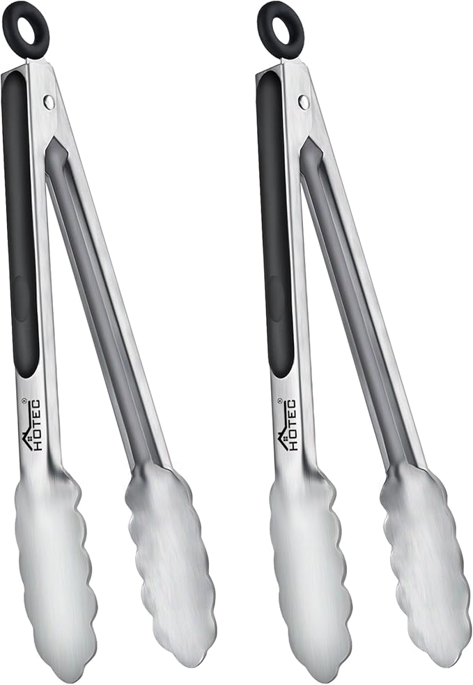 Hotec Stainless Steel Kitchen Tongs, Set of 2-9", Locking Metal Food Tongs for Cooking, Serving, BBQ, Grill Non-Slip Grip by Hotec