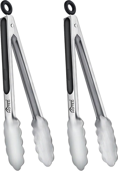 Hotec Stainless Steel Kitchen Tongs, Set of 2-9", Locking Metal Food Tongs for Cooking, Serving, BBQ, Grill Non-Slip Grip by Hotec