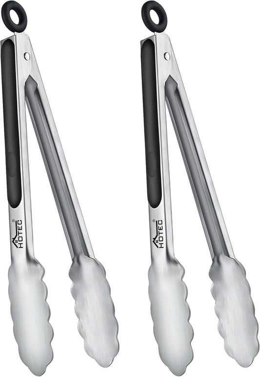 Hotec Stainless Steel Kitchen Tongs, Set of 2-9", Locking Metal Food Tongs for Cooking, Serving, BBQ, Grill Non-Slip Grip by Hotec